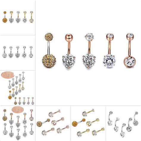 Lhgc 5pcsset Stainless Steel Crystal Navel Belly Button Rings Bar Piercing Jewelry Liv