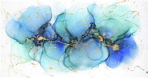 Mixed Media Horizontal Abstract Painting In Teal And Blue Painting By