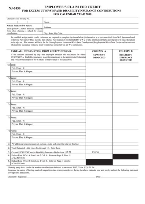 After your parts are complete, you'll be prompted to print division of temporary disability insurance private plan operations claims review unit p.o. Form Nj-2450 - Employee'S Claim For Credit - 2008 printable pdf download