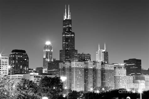 Chicago Night Skyline In Black And White By Paul Velgos
