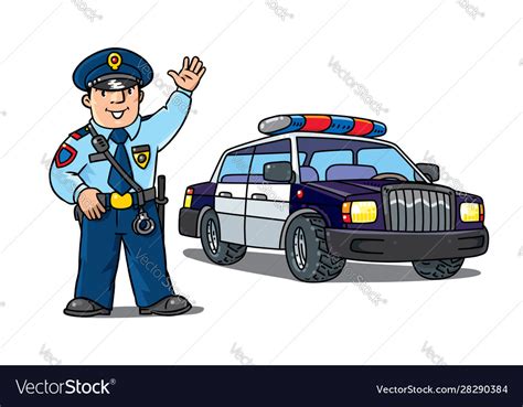 Policeman In Uniform And Police Car Cartoon Set Vector Image
