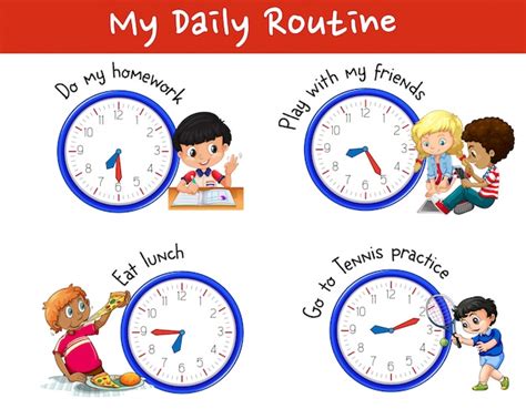 Free Vector Daily Routine Of Many Children With Clocks