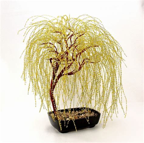 Golden Weeping Willow Beaded Bonsai Tree Glass And Wire Tree Wire