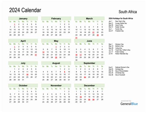 2024 South Africa Calendar with Holidays