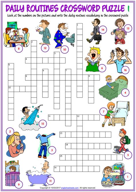 Daily Routines Esl Printable Crossword Puzzle Worksheets English Hot
