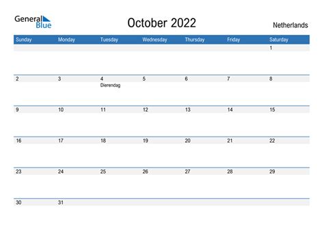 Netherlands October 2022 Calendar With Holidays