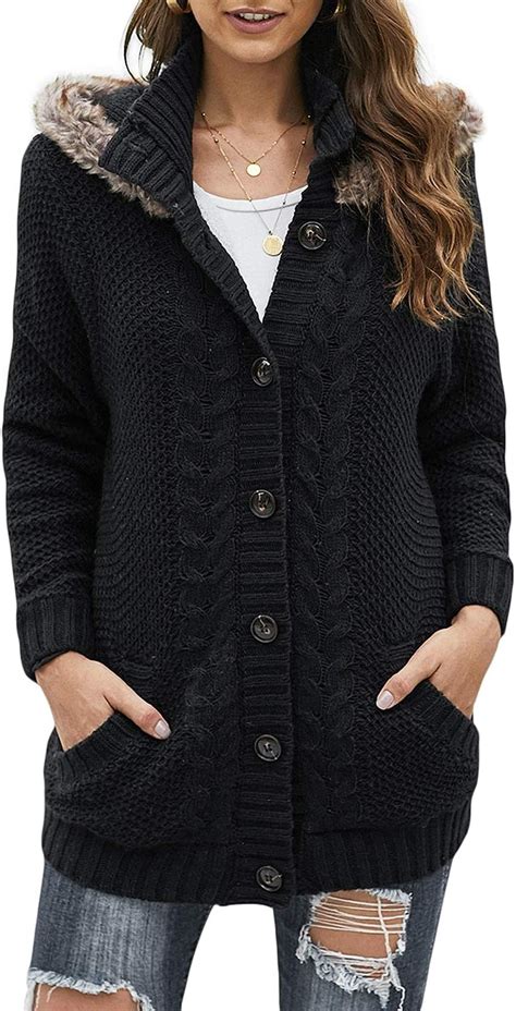 Corafritz Womens Fashion Solid Color Button Down Sweater Cable Knit Cardigan Faux Fur Hooded
