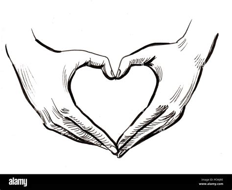 Hands Making Heart Shape Ink Black And White Drawing Stock Photo Alamy