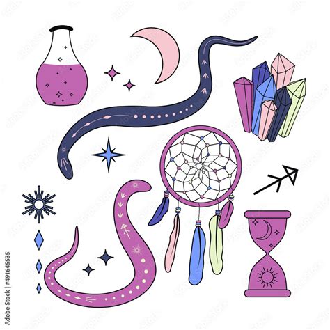 Set Of Magic Clip Art With Dreamcatcher Snakes Crystals Hourglasses