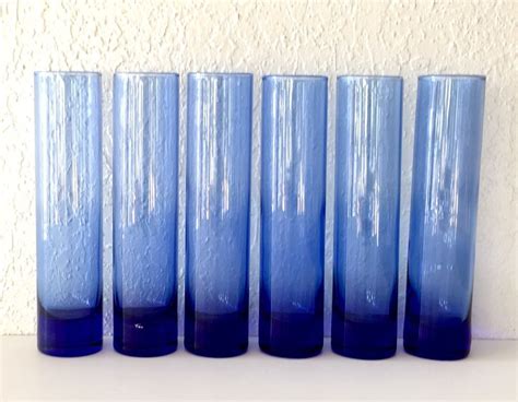 Set Of 6 Libbey Glass Cobalt Blue Tall Skinny Highball Tumblers Shot Glasses Libbey Highball