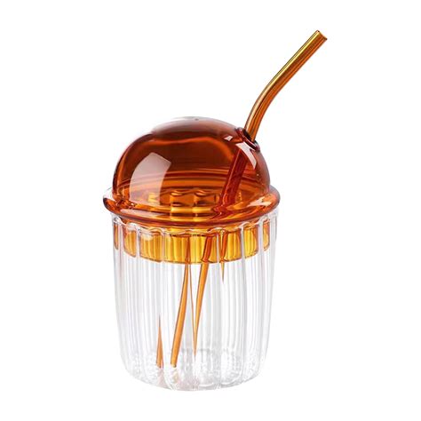 Prinxy Cute Drinking Glasses With Glass Dome Lid And Straw Reusable Wide Mouth Milkshakes Cups