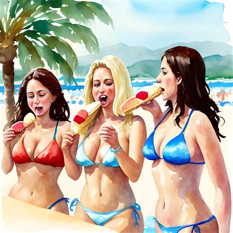 Three Women In Bikini Licking A Huge Icecream Water Color Oi
