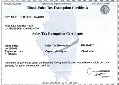 Illinois Tax Exempt Certificate — Five Mile House
