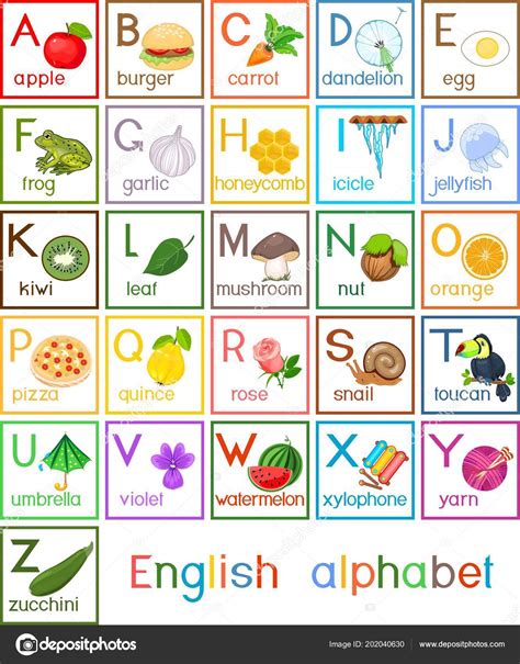English Alphabet Pictures Titles Children Education Stock Vector Image