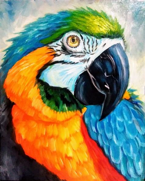 Yvette Andino Artl Oil Painting Blue N Orange Macaw Parrot 20x16