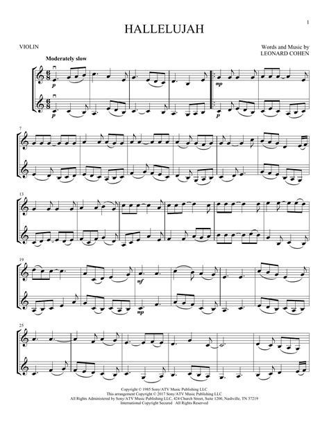 Hallelujah Sheet Music Leonard Cohen Violin Duet