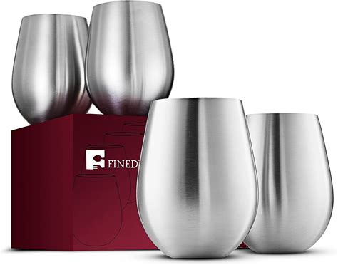 finedine unbreakable stemless stainless steel wine cups set of 4 shatterproof brushed metal