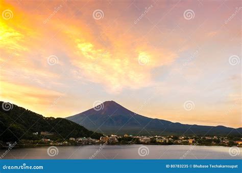 Mt Fuji Sunset In Autumn At Lake Kawaguchiko Yamanashi Japan Stock