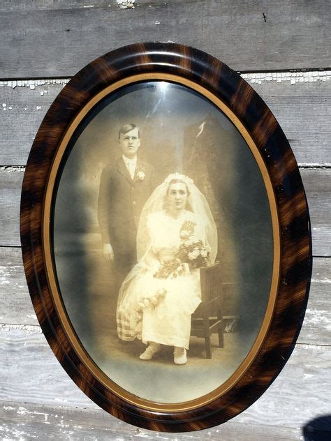Antique Vintage Tiger Wood Oval Picture Frame Bubble Convex Glass Wedding Couple By