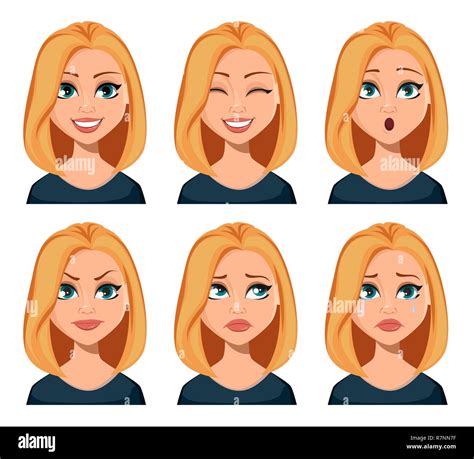 Face Expressions Of Woman With Blond Hair Different Female Emotions Set Beautiful Cartoon