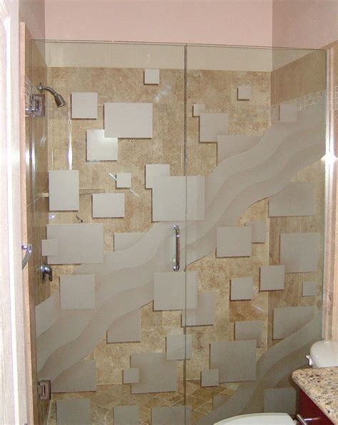 etched glass shower with squares pattern and wave entry doors with glass glass shower doors