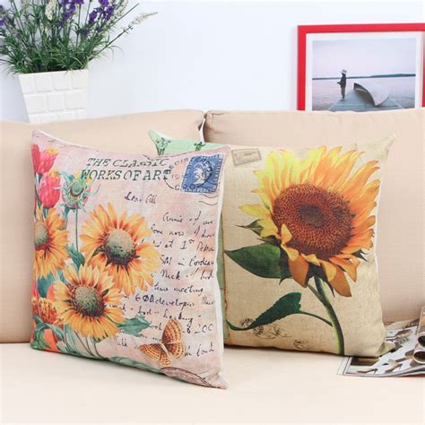 cotton linen decorative pillow case pastoral style sunflower printed home seat pillowcases