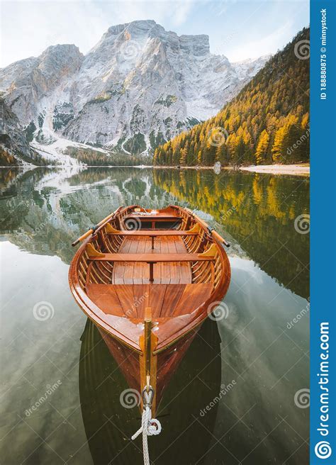 Traditional Rowing Boat At Lago Di Braies At Sunrise In Fall South