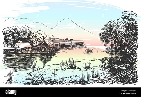 Sketch Of River Landscape In Southeast Asia With Fishing Boat Village