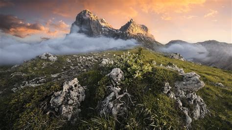 Desktop Wallpaper Clouds High Rock Cliffs Grass Mountains Hd Image