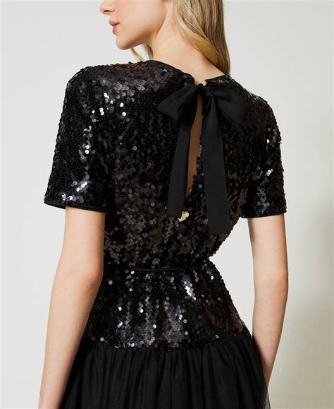 Full Sequin And Tulle Midi Dress Woman Black Twinset Milano