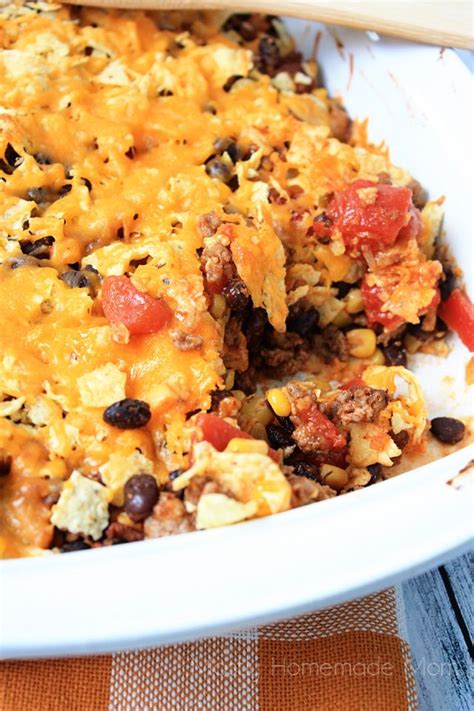 Layered with a crisp tortilla chips, a simple seasoned ground beef and black. Crunchy Nacho Bake | Recipe | Baked nachos, Casserole ...