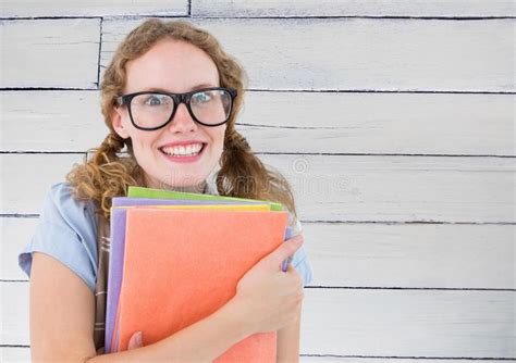 Nerd Woman With Books Against White Wood Panel Stock Image Image Of