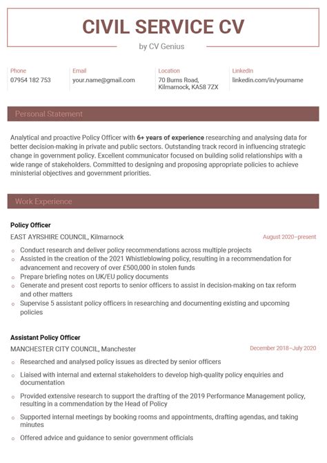 Civil Service Cv Example Free Template And Writing Help