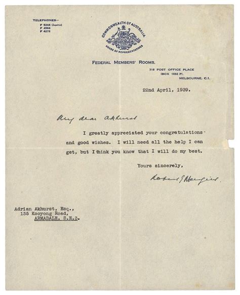 menzies signed letters on australian government letterhead autographs memorabilia