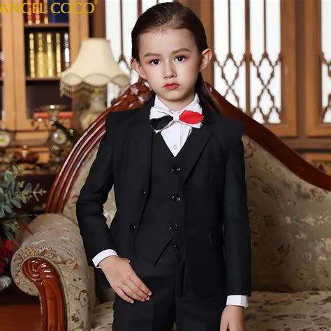 Designer Girlss Suits For Weddings Shirt Vest Trousers Bow Tie 5 Piece