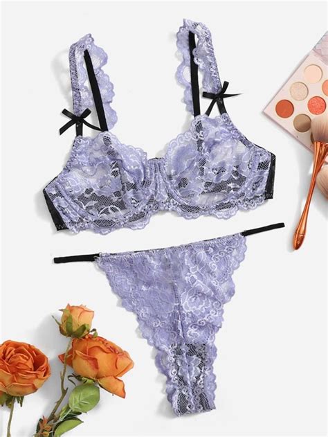 Shein Bow Detail Sheer Lace Colorblock Lingerie Set Shein Usa