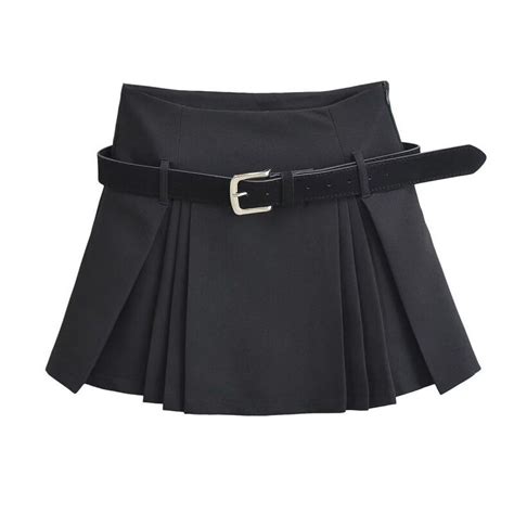 Black Mini Pleated Skirt Woman Summer High Waist A Line Skirt With Belt