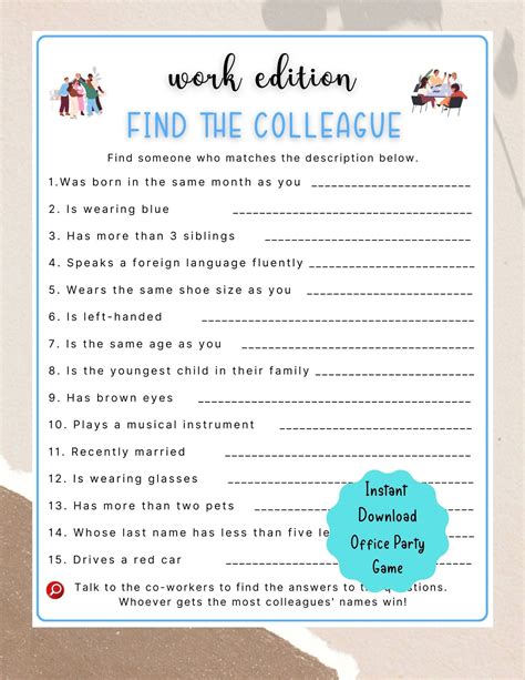 Office Party Printable Find The Colleague Game Coworker Staff Game