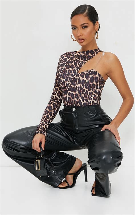 tan slinky leopard print one shoulder bodysuit prettylittlething aus