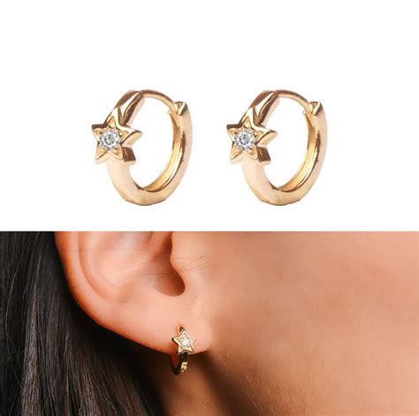 S925 Gold Color Hoop Earring With Five Pointed Star Flower Design Small