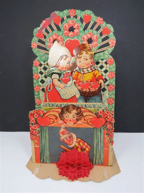 1930s Valentine Card Large 3 D Fold Out Children Hearts And Flowers