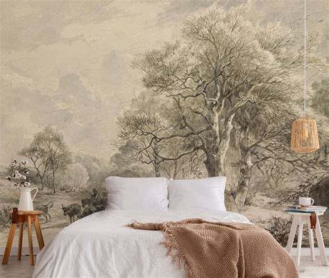 Vintage Removable Wall Mural With Rural Landscape Peel And Stick