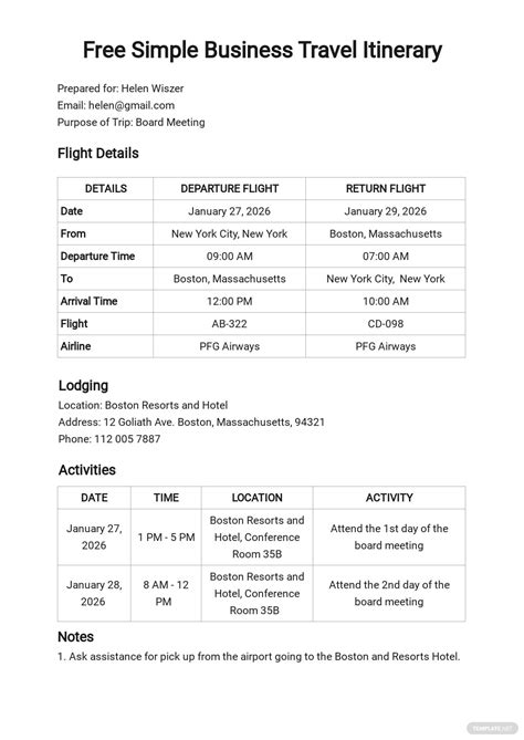 Simple Business Travel Itinerary Template Free Pdf Word Excel