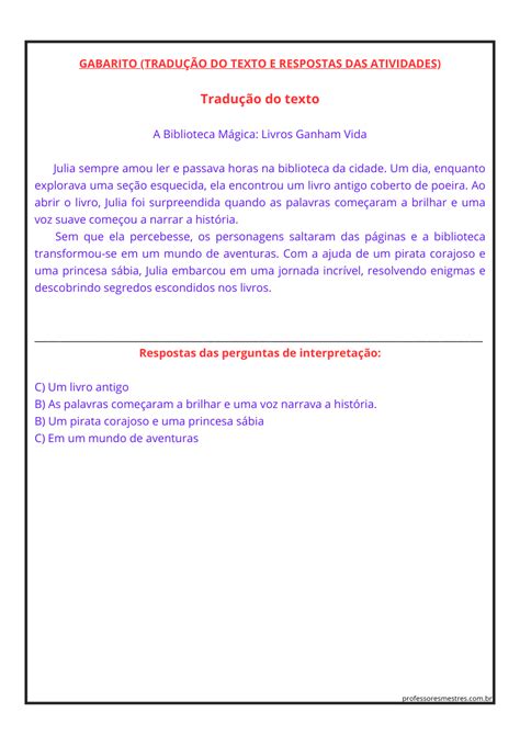 Pequenos Textos Em Inglês Para Interpretação Com Gabarito 7o Ano