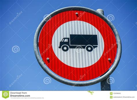 No Truck Red Road Sign On Blue Sky Background Stock Photo