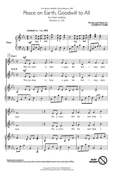 Peace On Earth Goodwill To All Sheet Music Andrew Parr 2 Part Choir