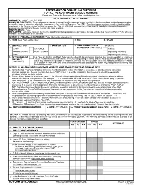 Fillable Online Fillable Dd Form 2648 Preseparation Counseling