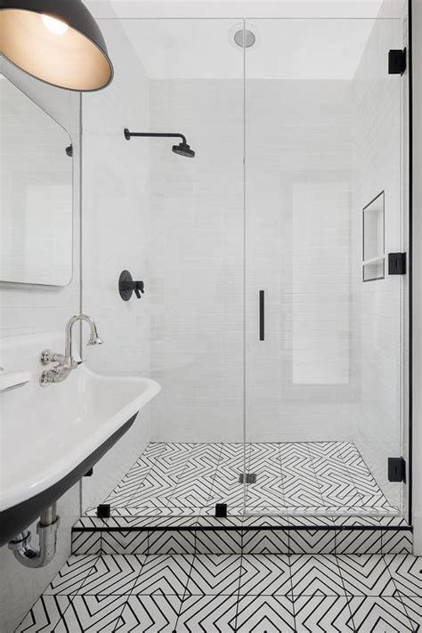 Black And White Geometric Floor Tiles Transitional Bathroom