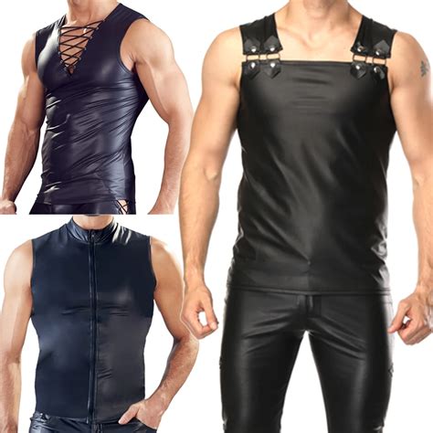 Mens Pu Leather Undershirts Slim Sleeveless T Shirts Sexy Vest Male