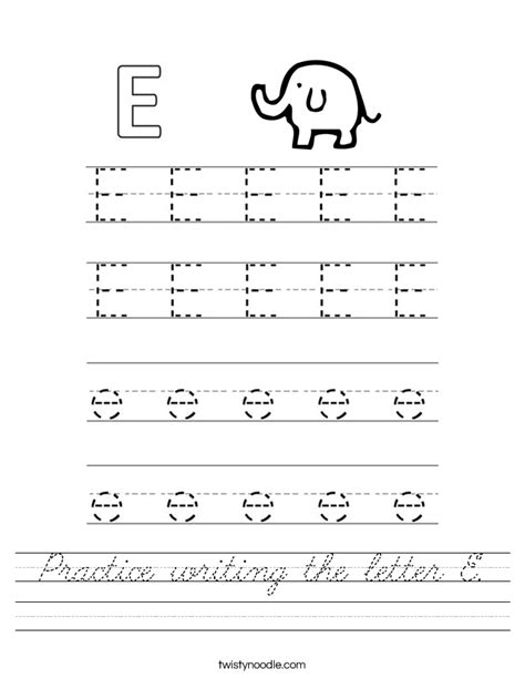 Practice Writing The Letter E Worksheet Cursive Twisty Noodle